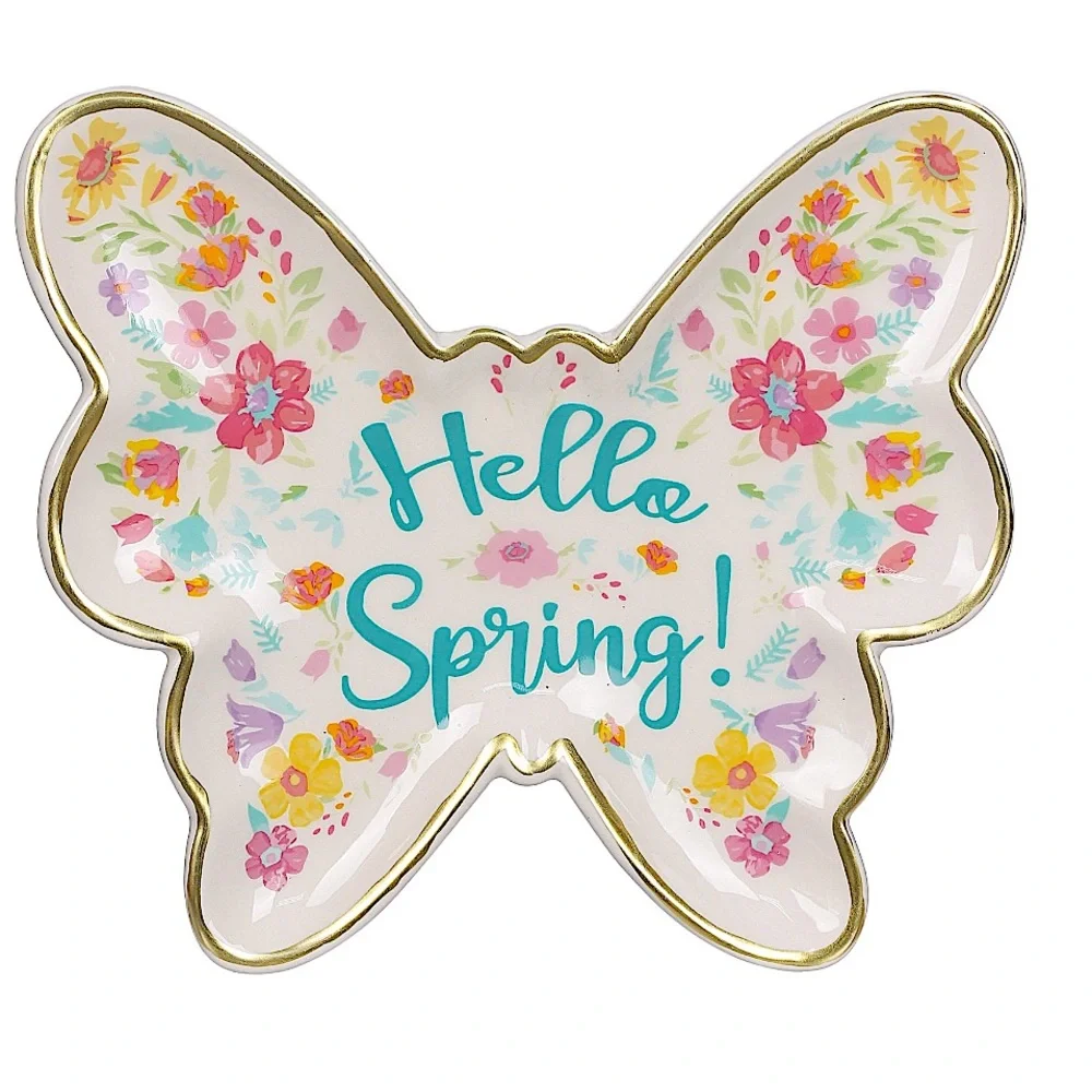 🆕 Pioneer Woman Ceramic Butterfly Spring Floral Plate Decor w/ Gold Trim